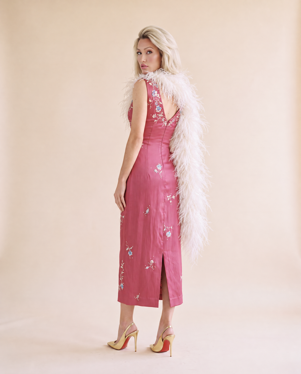 Vintage Dusty Pink Mandalay Wiggle Dress with Embroidered Florals