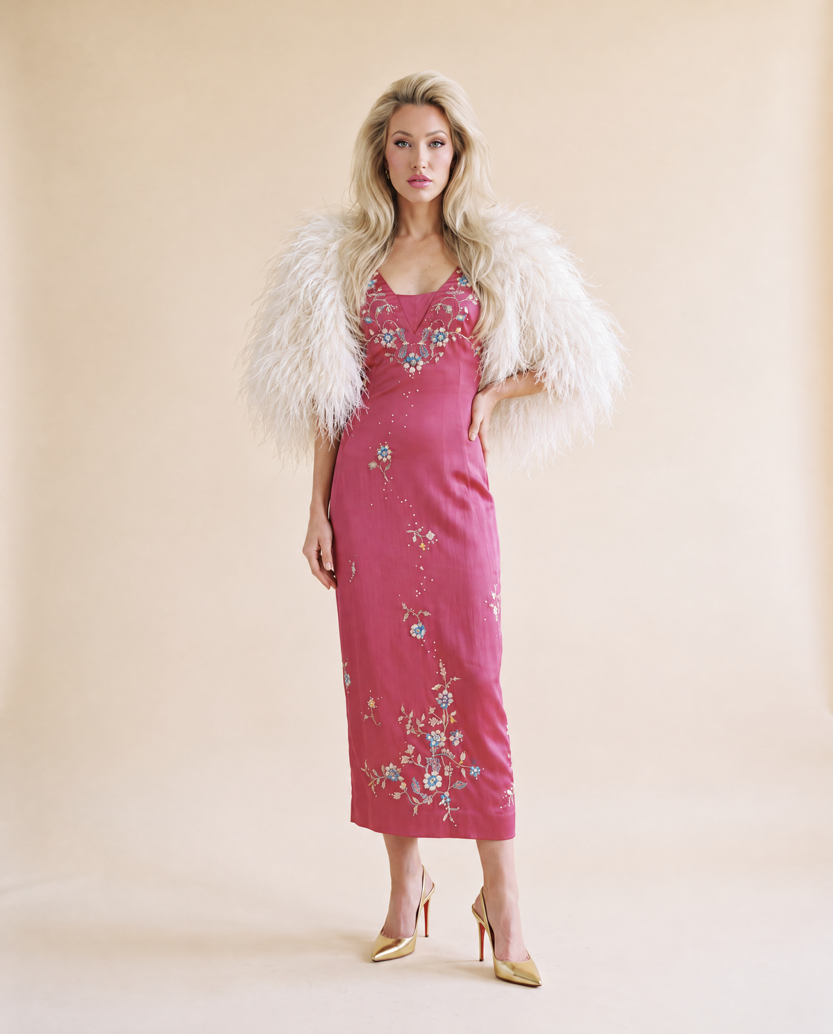 Vintage Dusty Pink Mandalay Wiggle Dress with Embroidered Florals