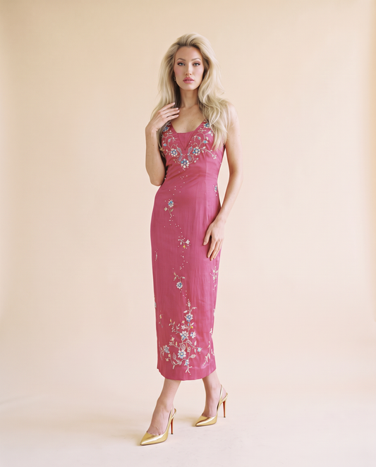 Vintage Dusty Pink Mandalay Wiggle Dress with Embroidered Florals