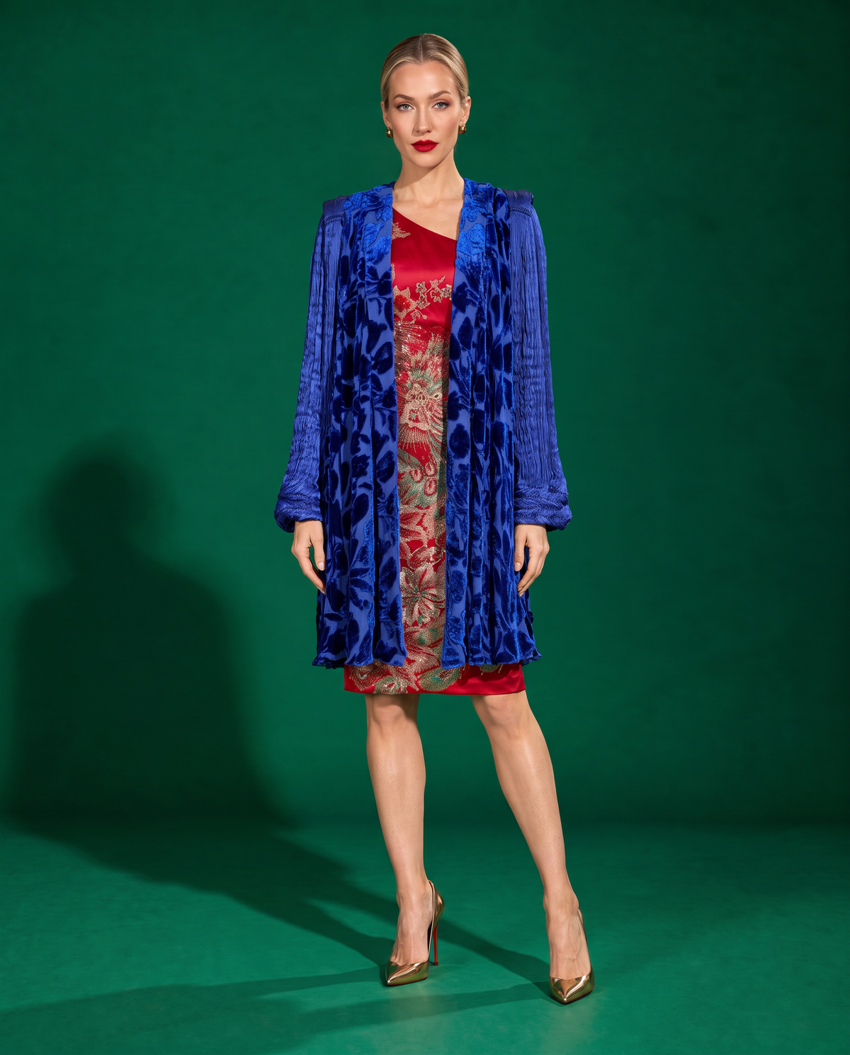 1980's Patricia Lester Silk Plissé & Devoré Velvet Jacket in Royal Blue
