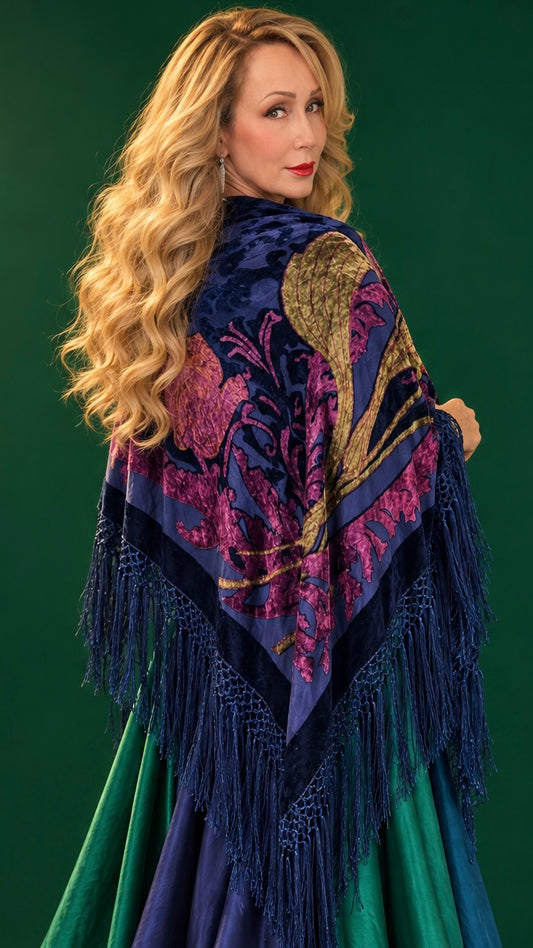 Vintage Silk Velvet Devoré with fringe shawl/coverup in Gem Colors