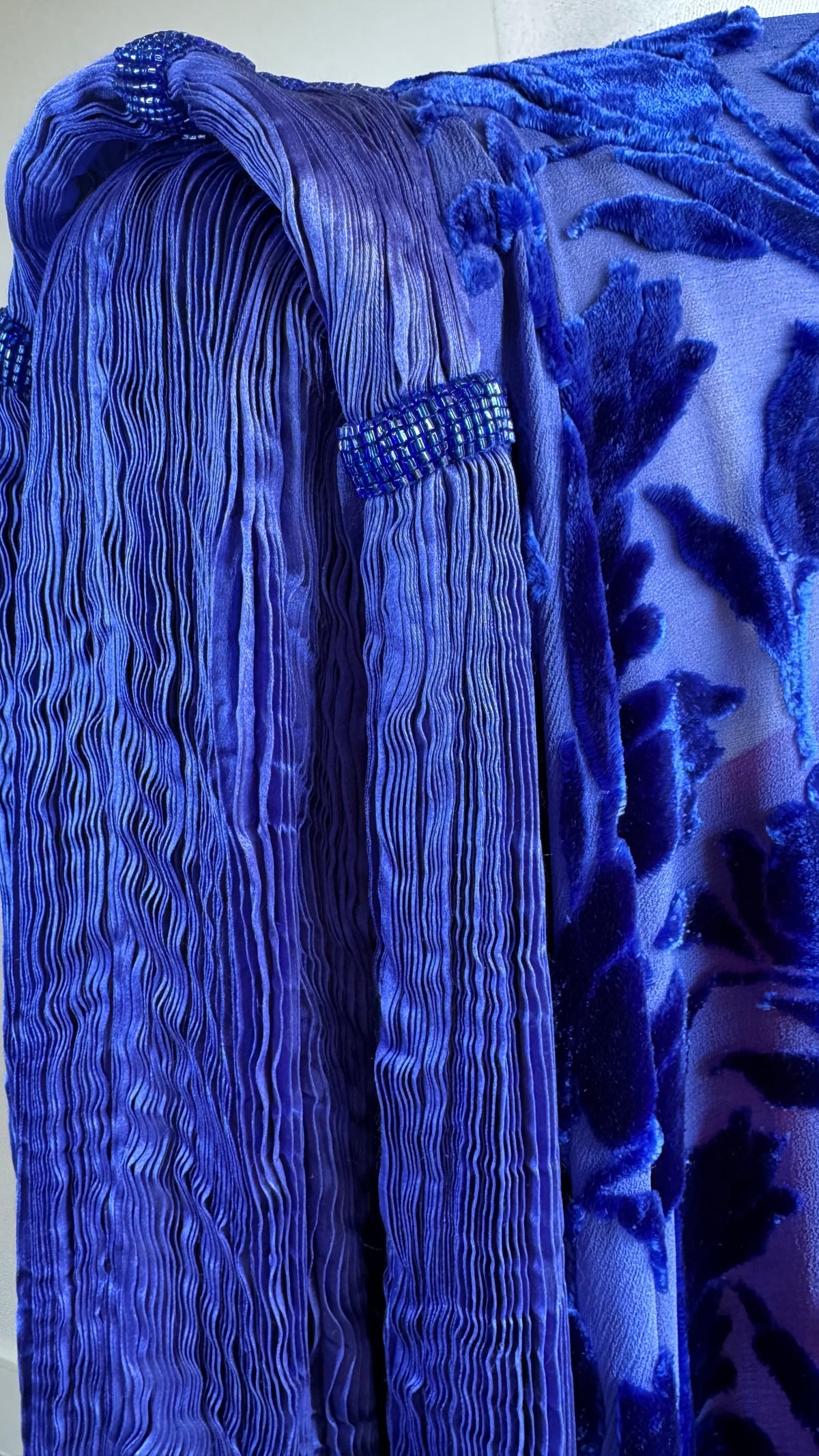 1980's Patricia Lester Silk Plissé & Devoré Velvet Jacket in Royal Blue