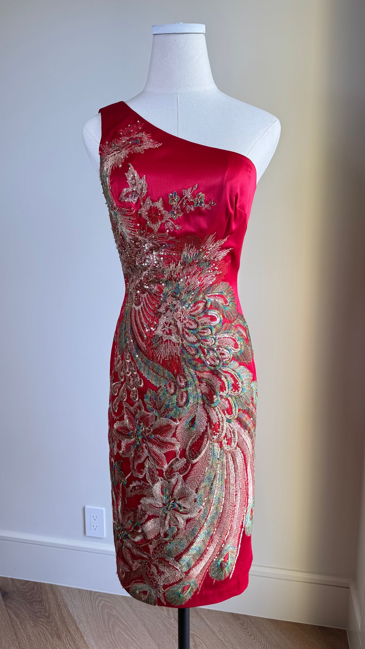 Vintage Mandalay Red Wiggle Dress with Embroidered Peacock Motif