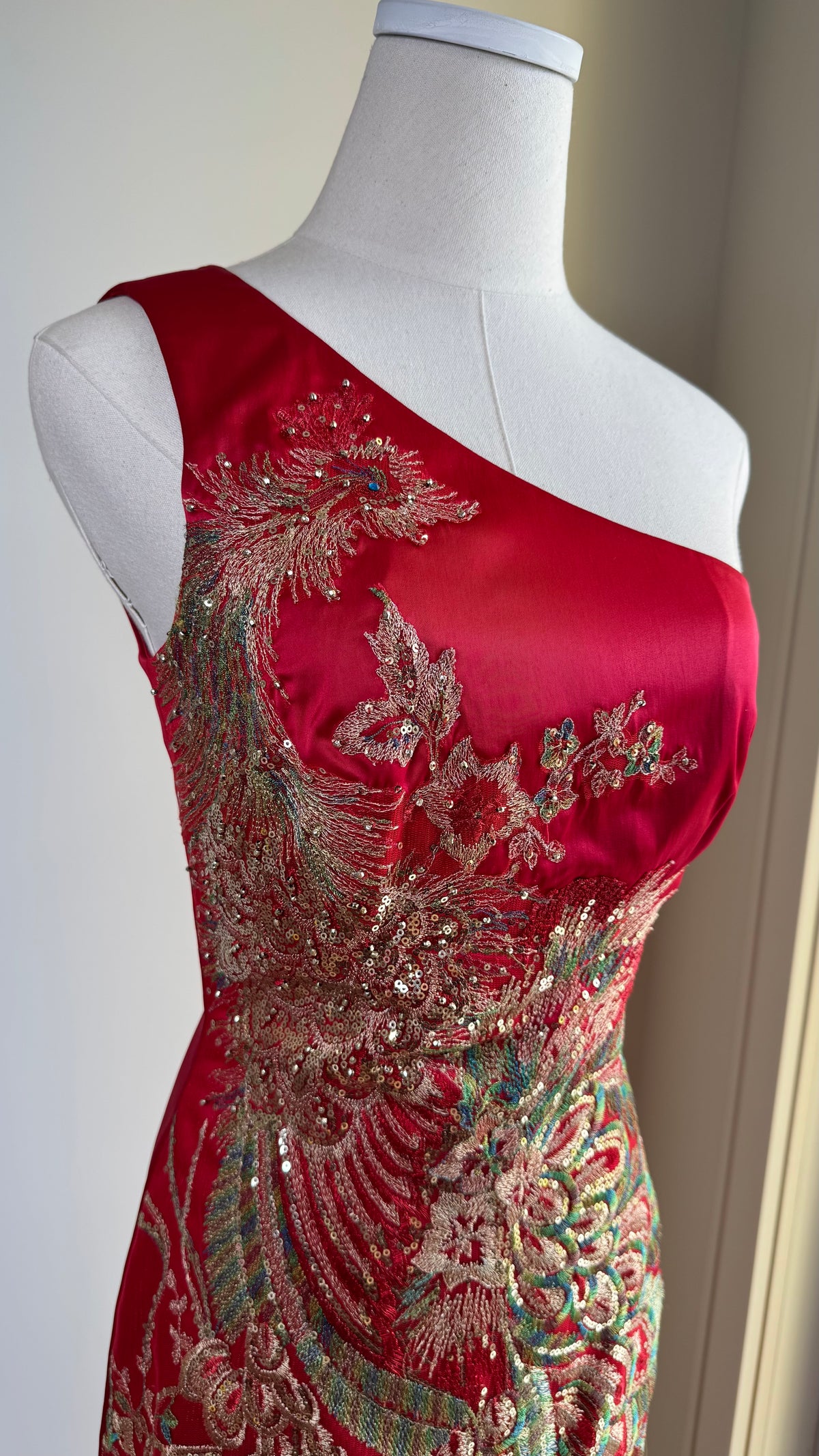 Vintage Mandalay Red Wiggle Dress with Embroidered Peacock Motif