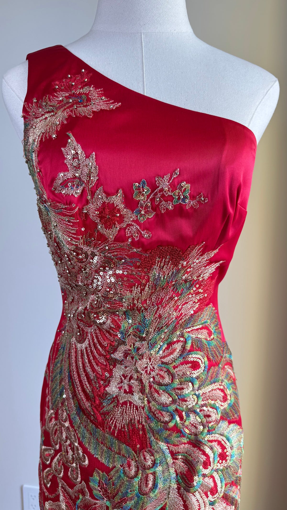 Vintage Mandalay Red Wiggle Dress with Embroidered Peacock Motif