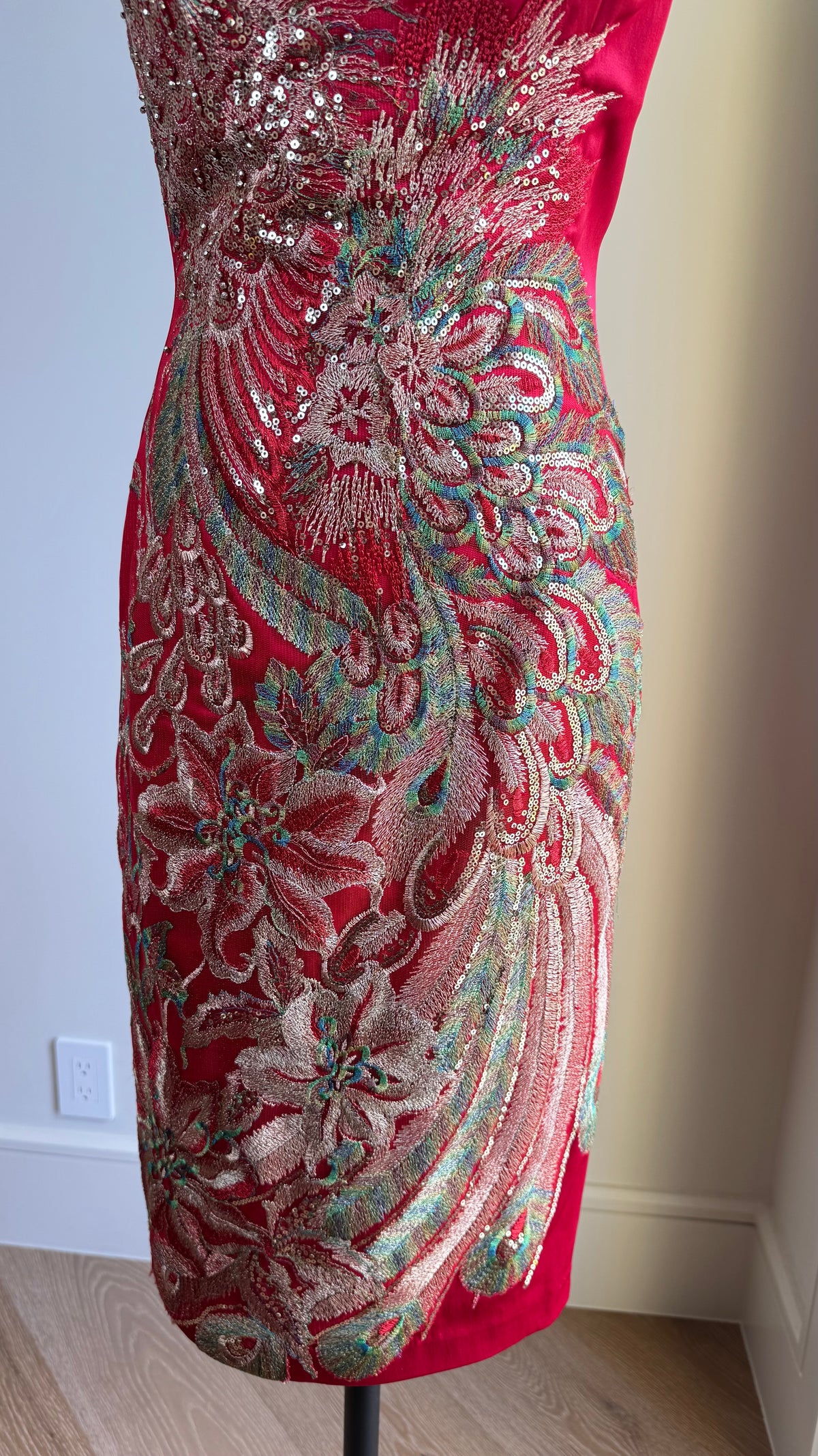 Vintage Mandalay Red Wiggle Dress with Embroidered Peacock Motif