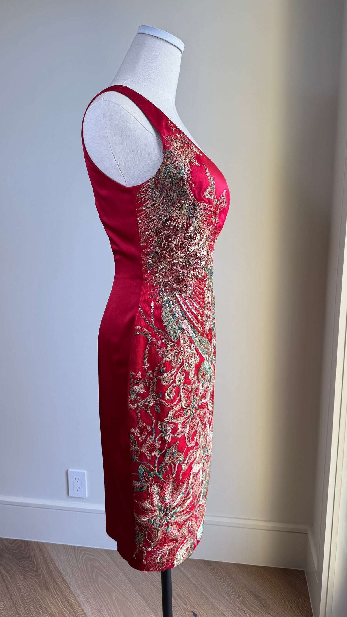 Vintage Mandalay Red Wiggle Dress with Embroidered Peacock Motif