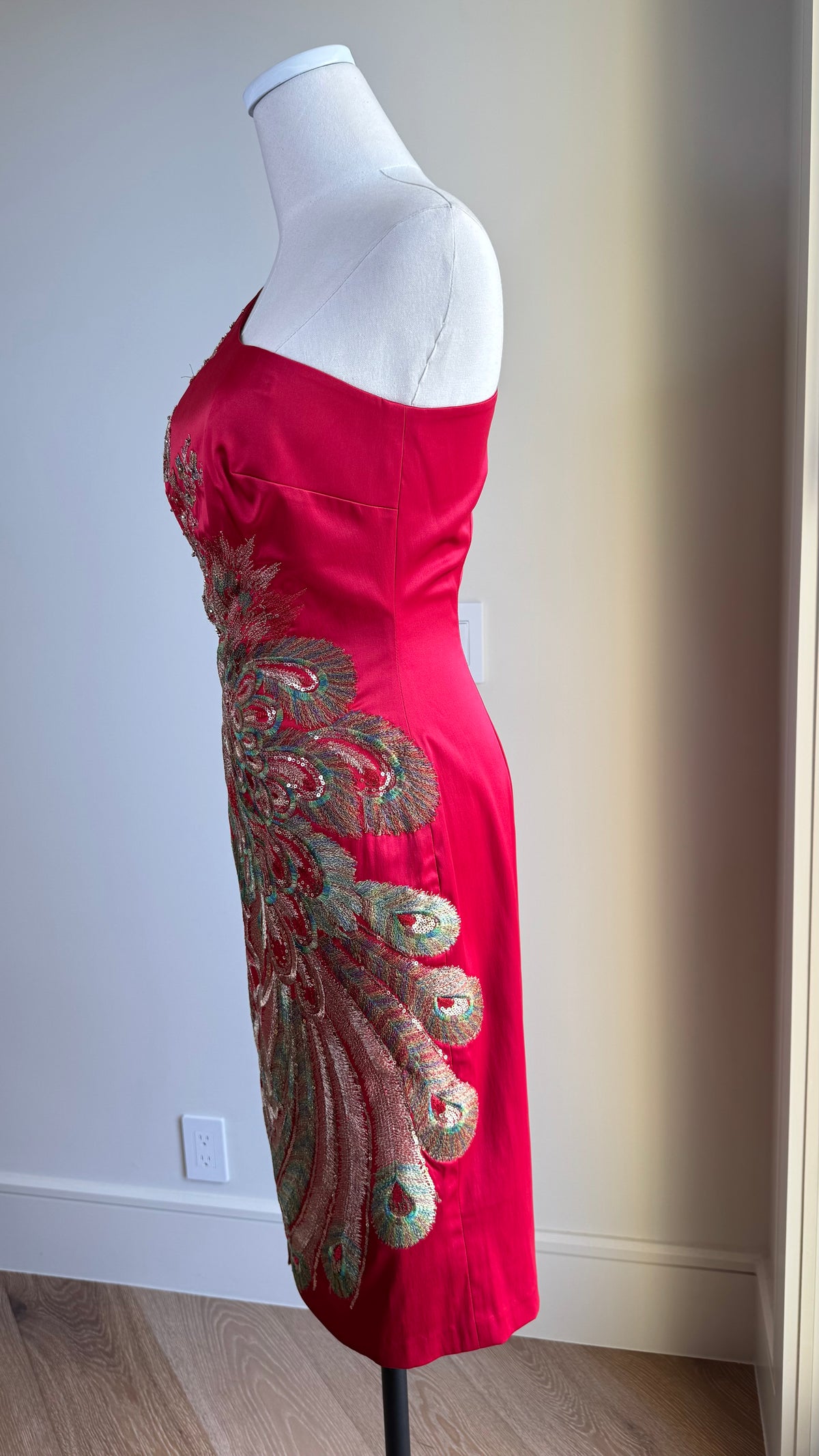 Vintage Mandalay Red Wiggle Dress with Embroidered Peacock Motif