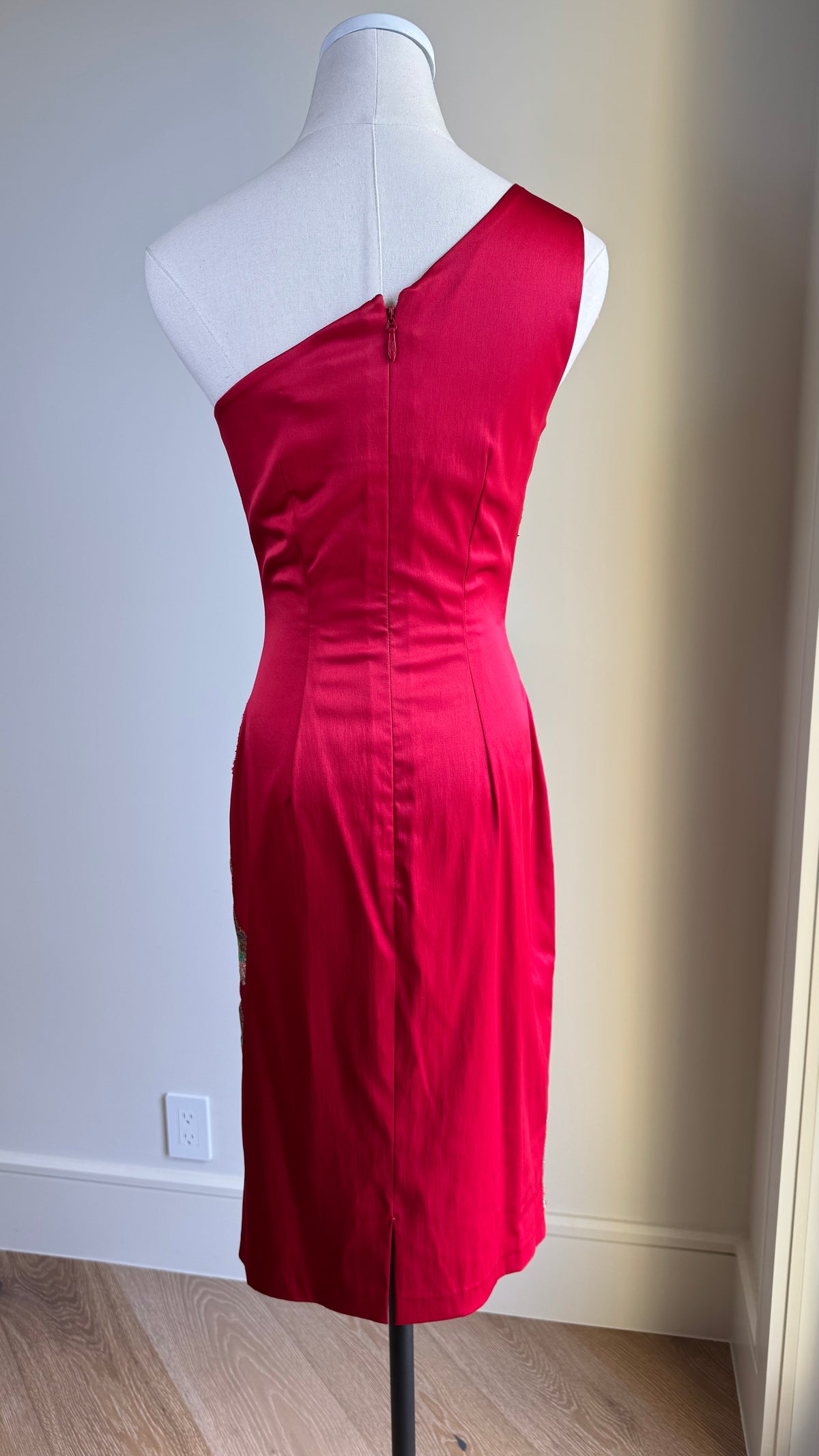 Vintage Mandalay Red Wiggle Dress with Embroidered Peacock Motif