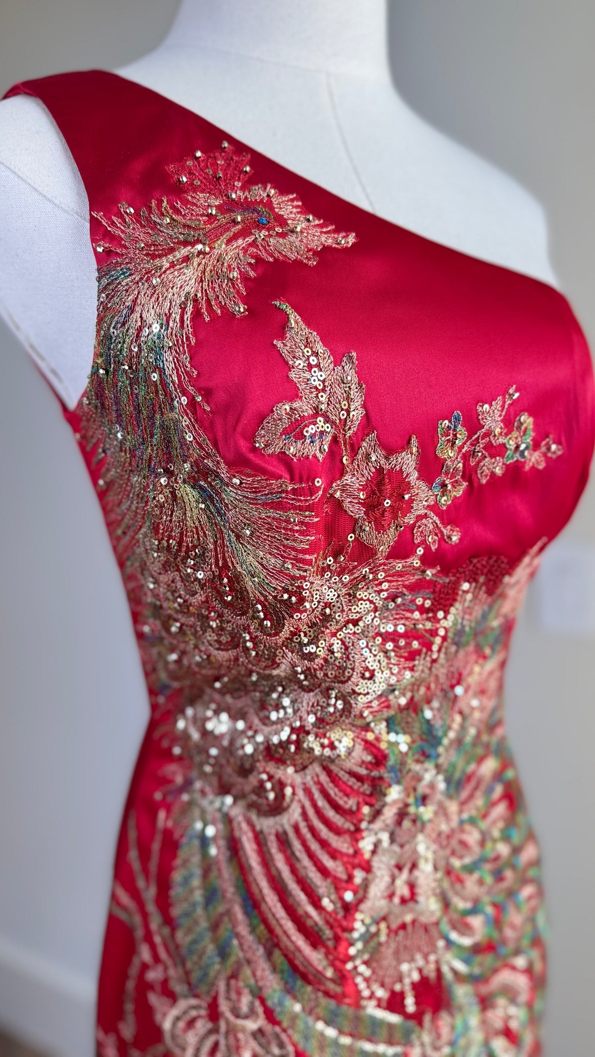 Vintage Mandalay Red Wiggle Dress with Embroidered Peacock Motif