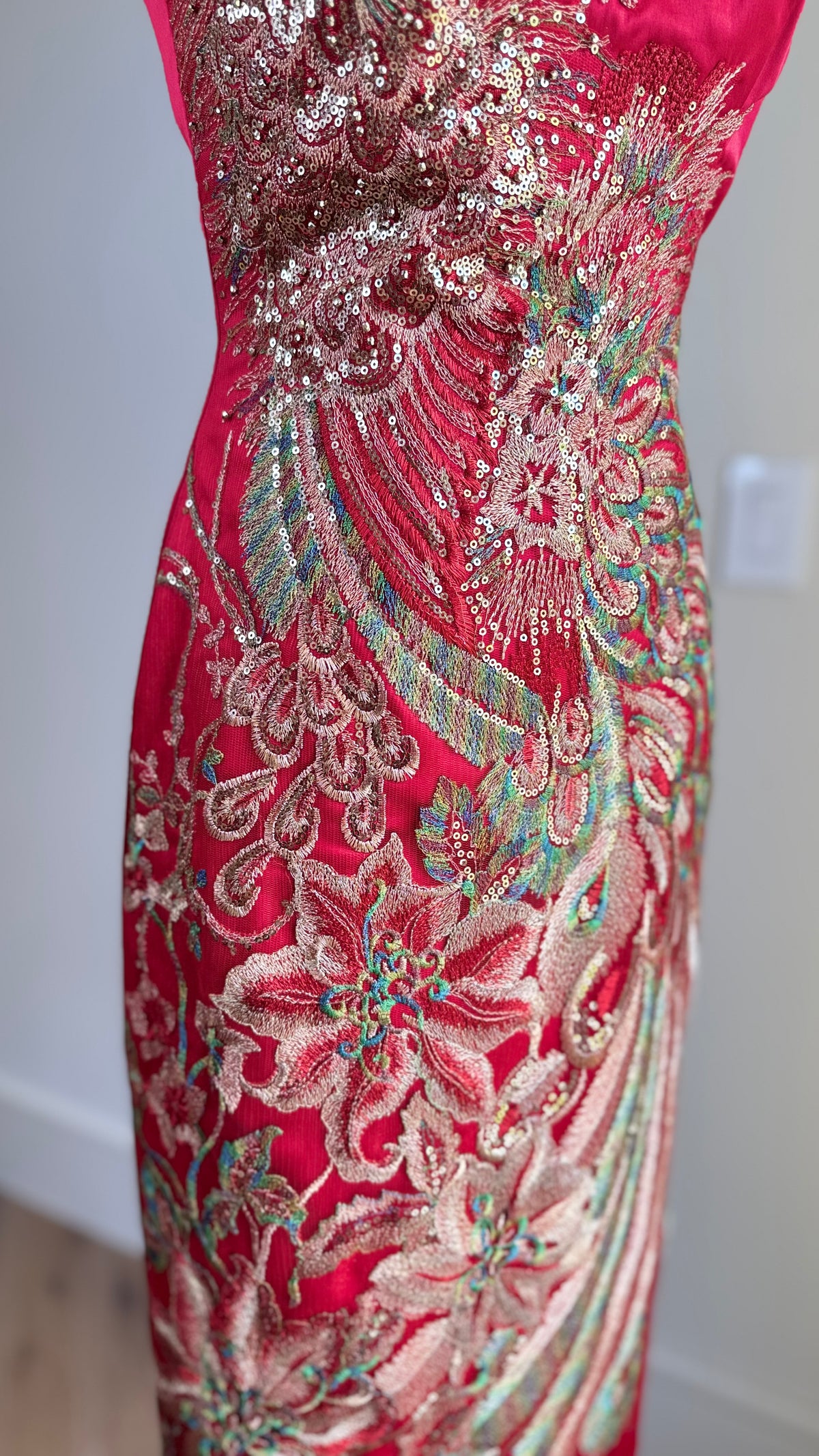 Vintage Mandalay Red Wiggle Dress with Embroidered Peacock Motif