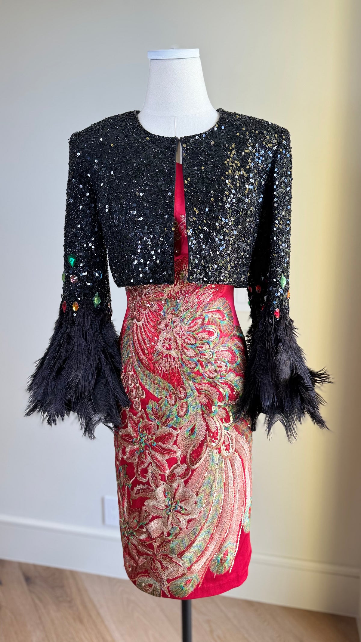 Vintage Black Sequin Bolero Jacket Upcycled with Feather cuffs and Jeweled Sleeves