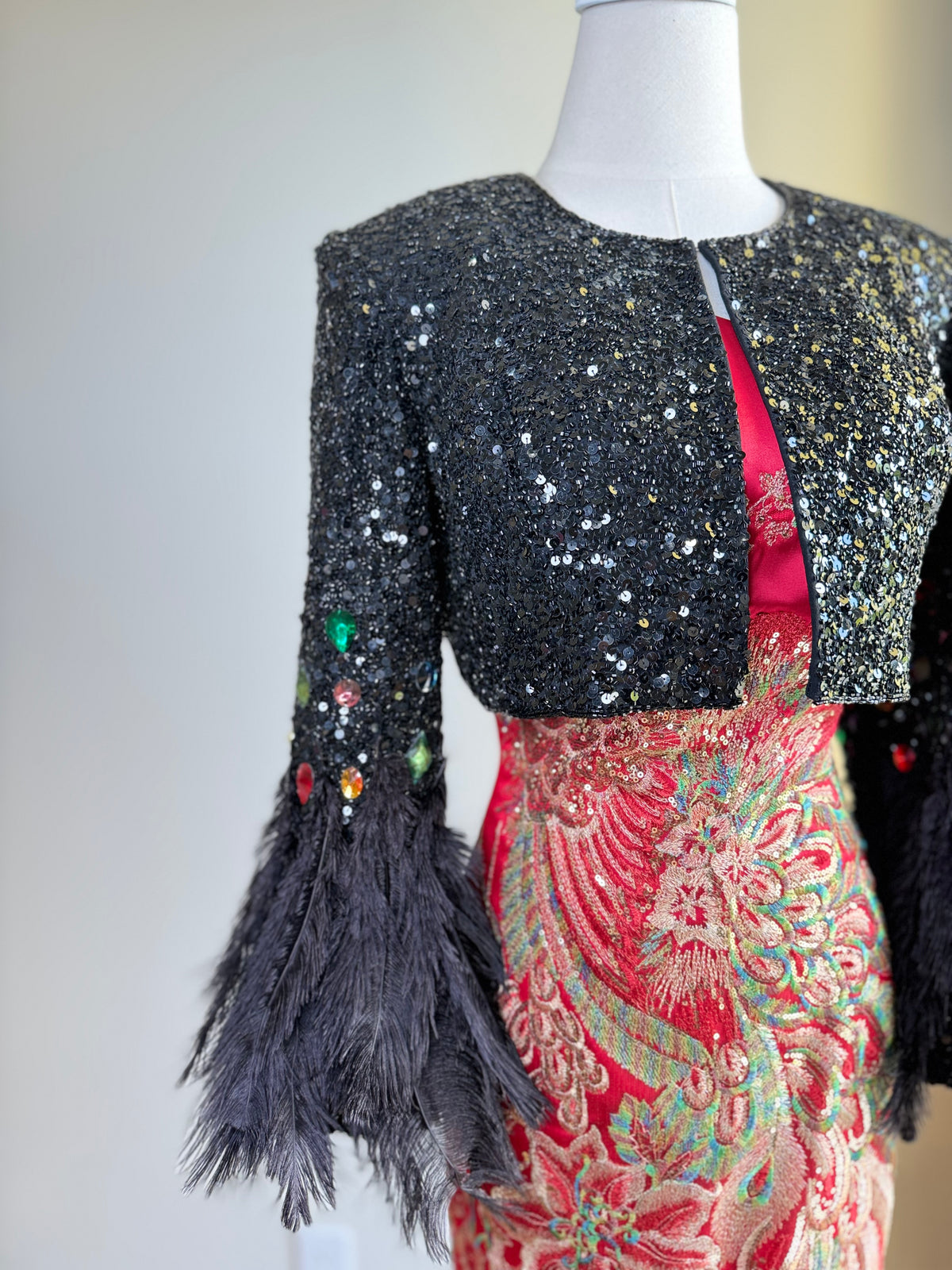 Vintage Black Sequin Bolero Jacket Upcycled with Feather cuffs and Jeweled Sleeves
