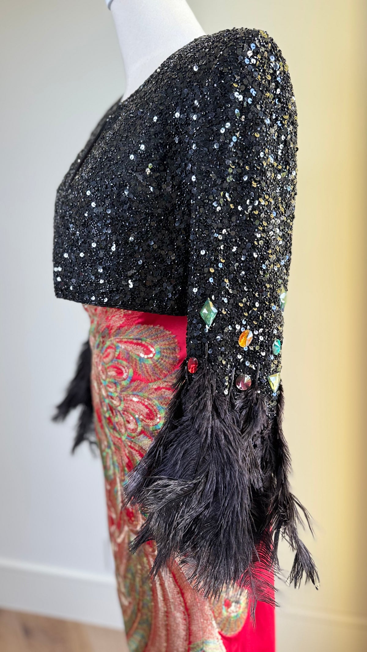 Vintage Black Sequin Bolero Jacket Upcycled with Feather cuffs and Jeweled Sleeves