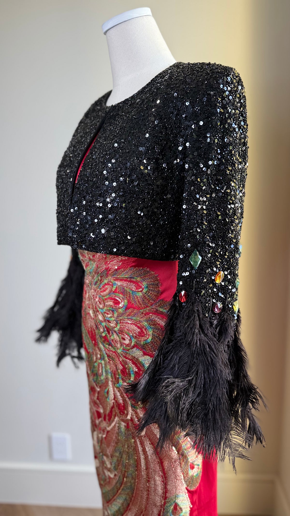 Vintage Black Sequin Bolero Jacket Upcycled with Feather cuffs and Jeweled Sleeves