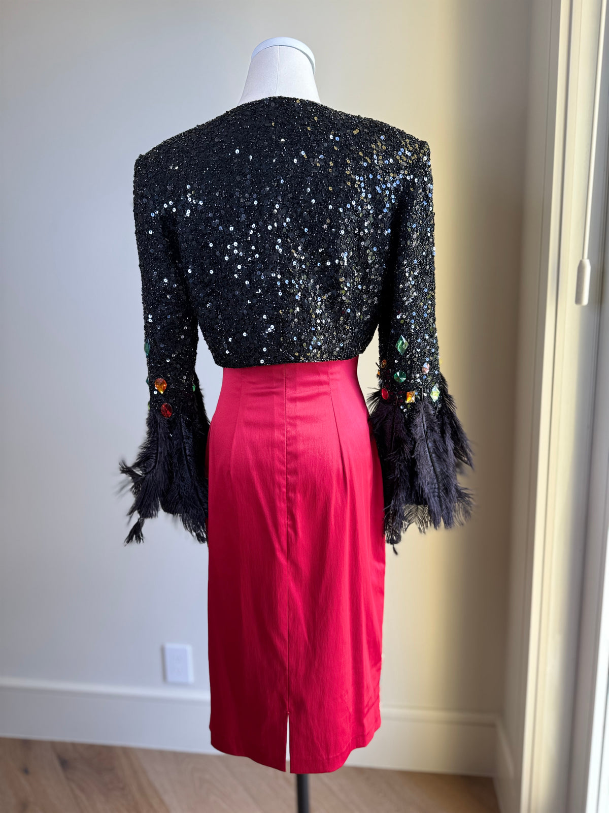 Vintage Black Sequin Bolero Jacket Upcycled with Feather cuffs and Jeweled Sleeves
