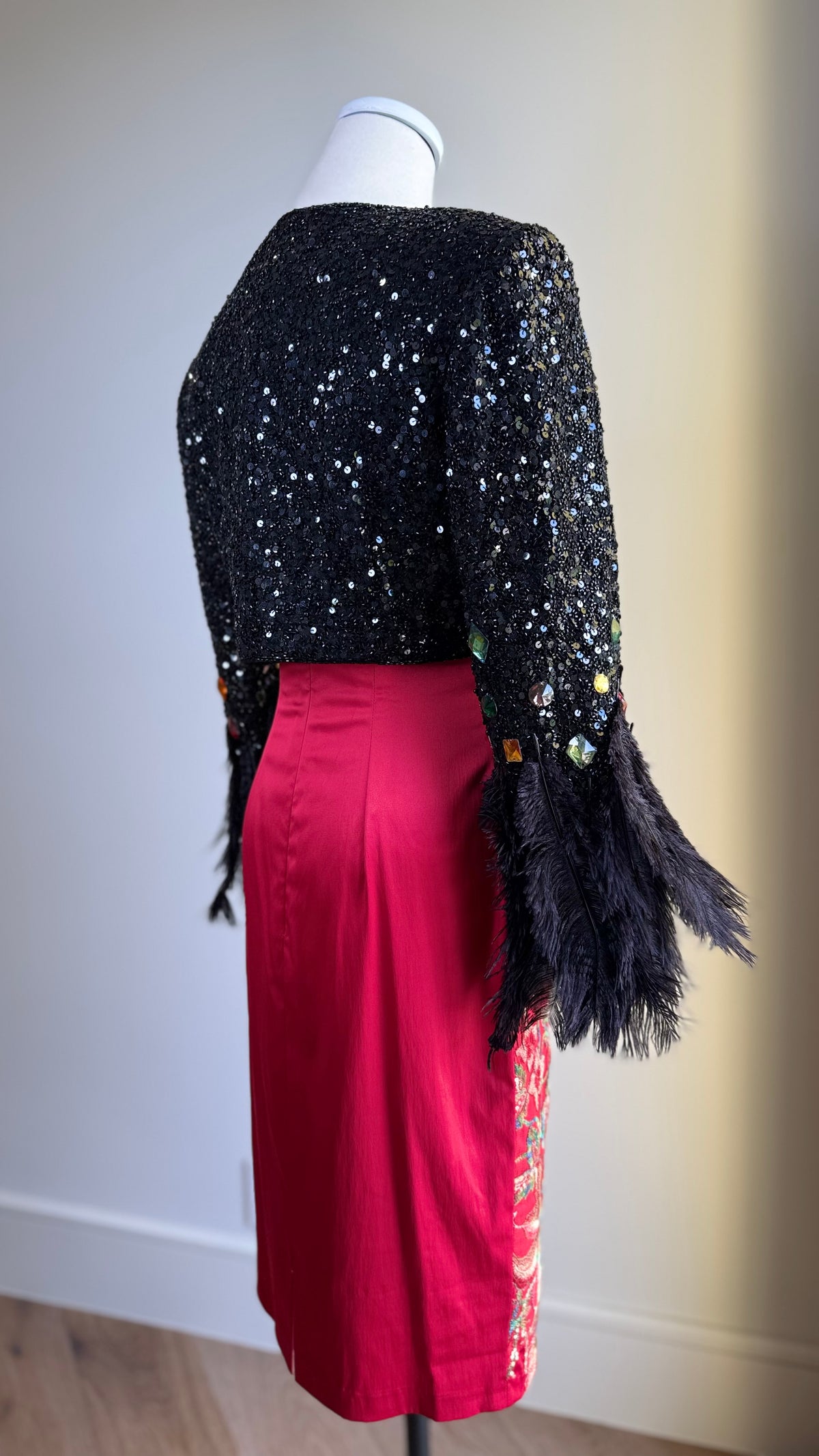 Vintage Black Sequin Bolero Jacket Upcycled with Feather cuffs and Jeweled Sleeves