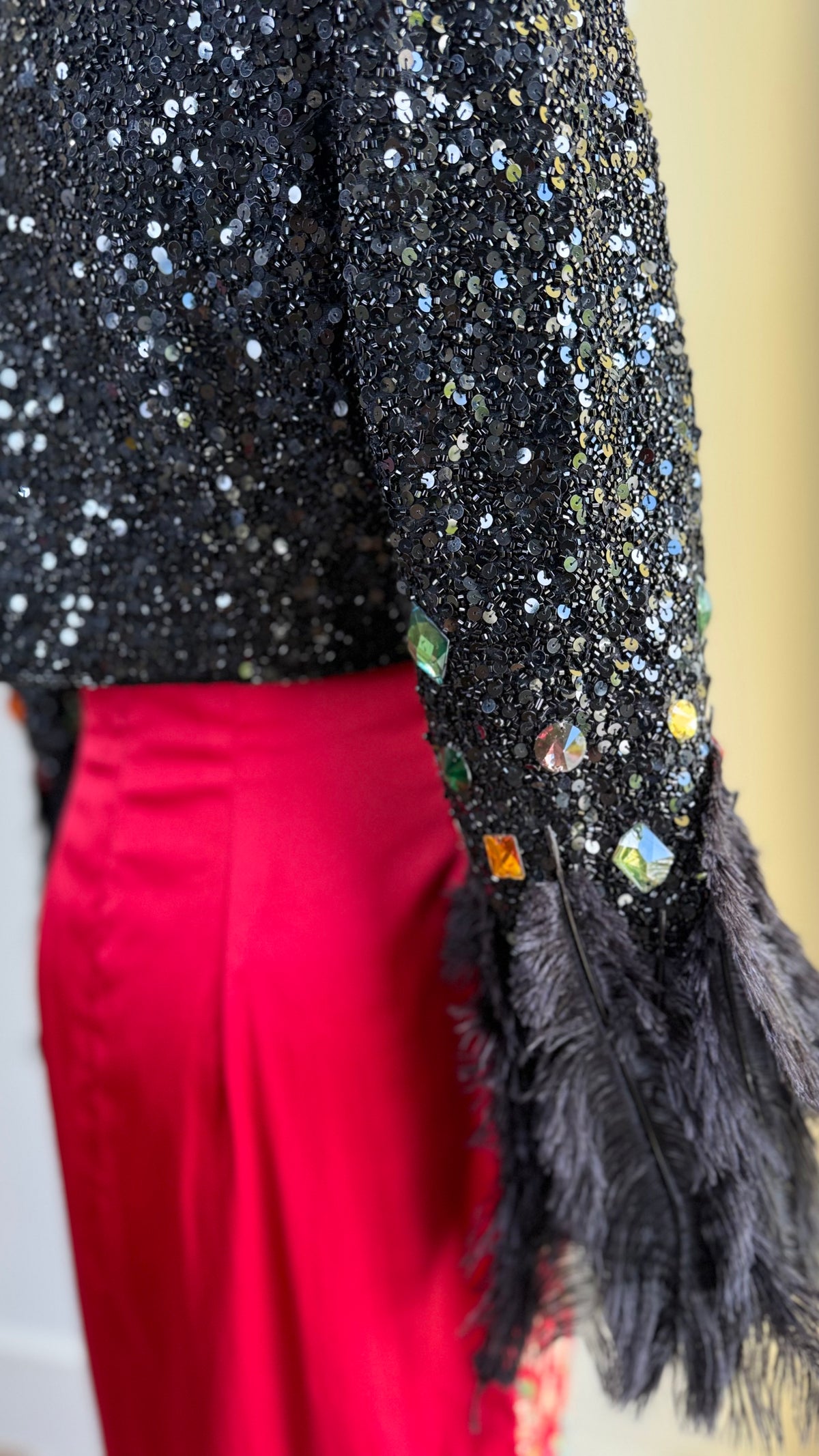 Vintage Black Sequin Bolero Jacket Upcycled with Feather cuffs and Jeweled Sleeves