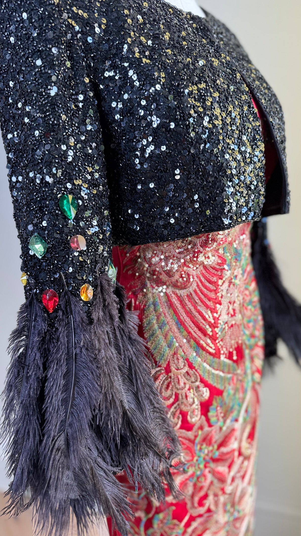 Vintage Black Sequin Bolero Jacket Upcycled with Feather cuffs and Jeweled Sleeves